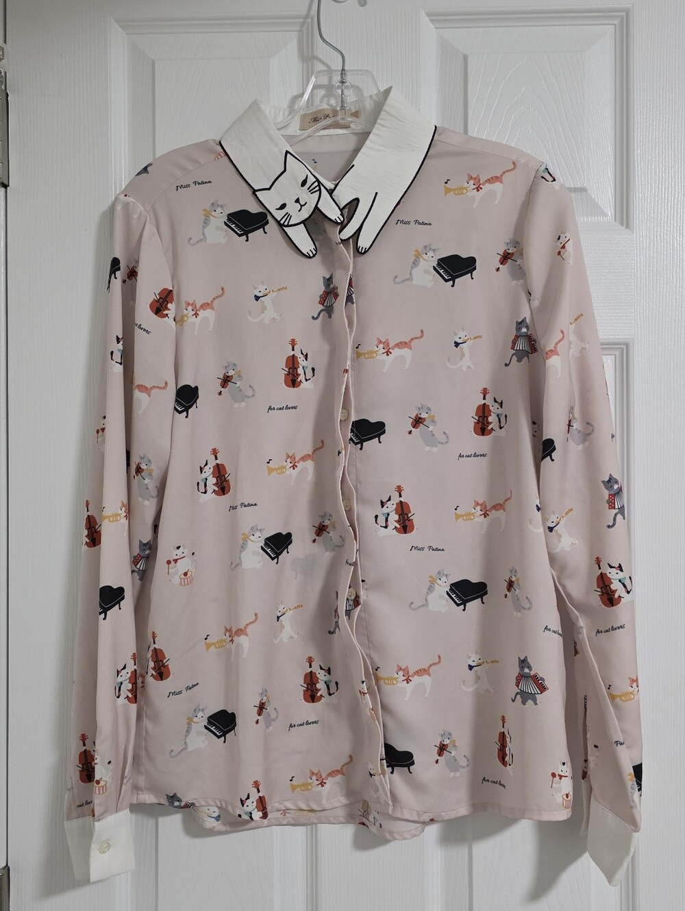 Miss Patina Womens Pink Aristocat Button Down Blouse w/White Cat Collar L UK 12